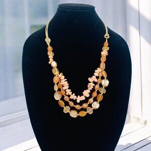 Multi-Layered Beaded Necklace Semi Precious Stones Glass Beads Leather Peach